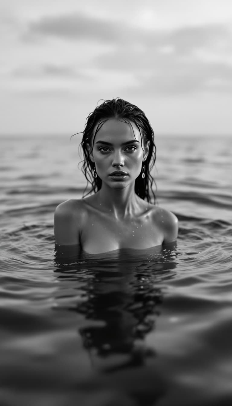 AI generated: a black and white photo of a woman in the water, mert and marcus, drops, kristine froseth, carola ru...