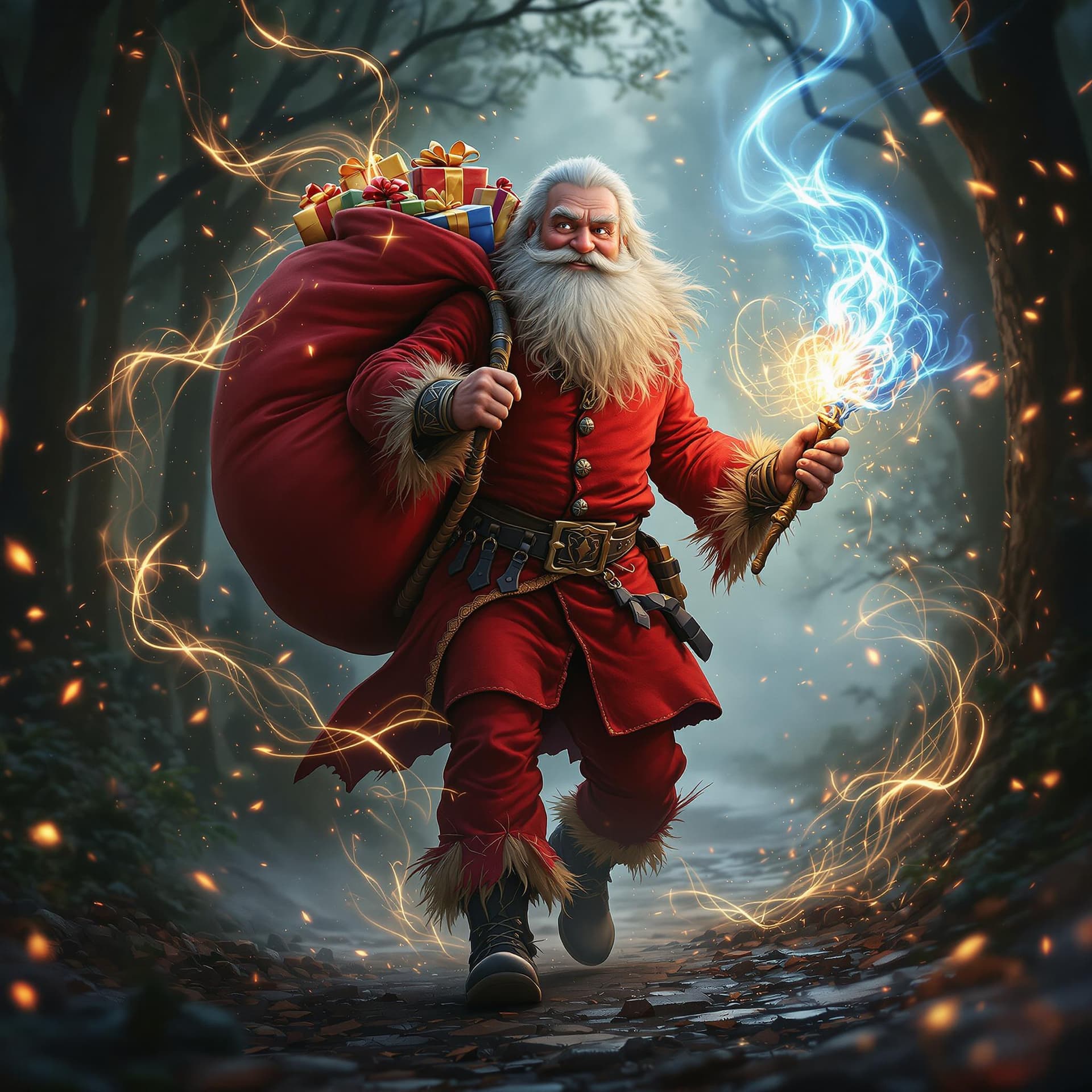 AI generated: movie poster, pleased kind russian uncle frost wearing red rocker clothes is depicted in an action p...