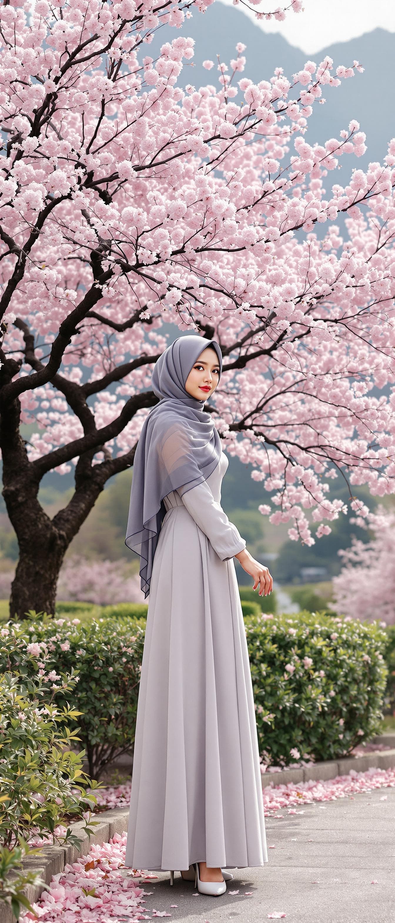 AI generated: a girl, Korean woman, korean ulzzang face, in a dress clothes, wear a hijab and beautiful long dress...