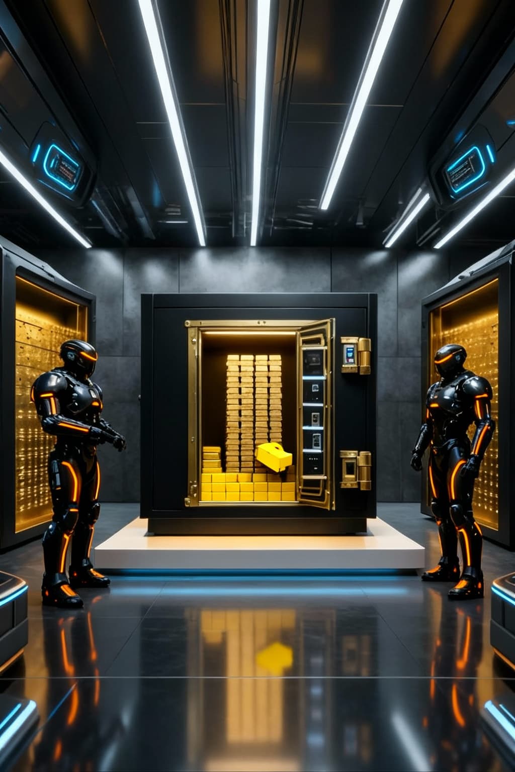 AI generated: Show a vault of stacked gold and yellow Hand-held Uniantum Bricks, with two guards guarding them. Un...