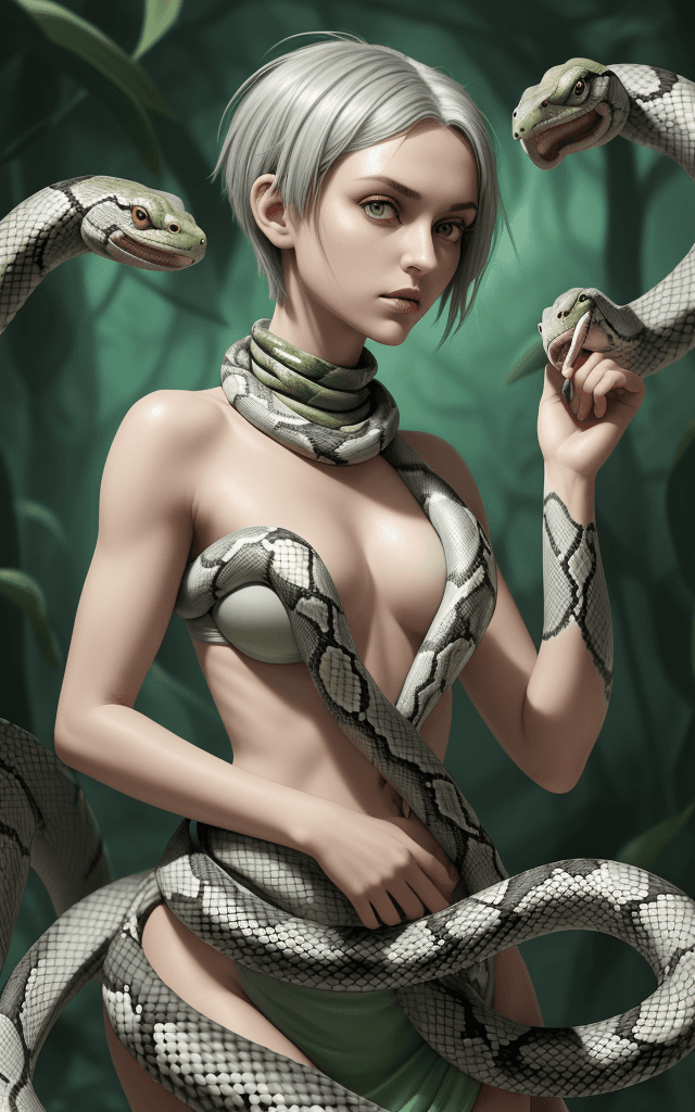 AI generated: Tia is shown to have a fairly slender figure. She has white-grey hair , she has short hair and large...