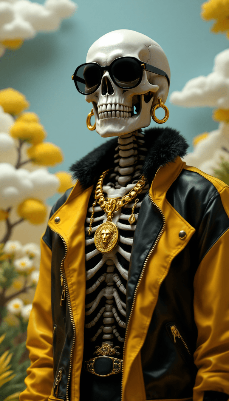 AI generated: A hyper-realistic skeleton in a black and yellow transparent jacket with medusa gold zippers, wearin...