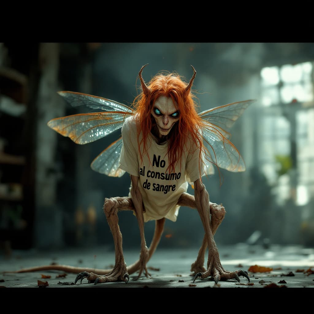 AI generated: A thin and sickly vampire with long, flowing red hair and piercing blue eyes. The vampire’s body is ...