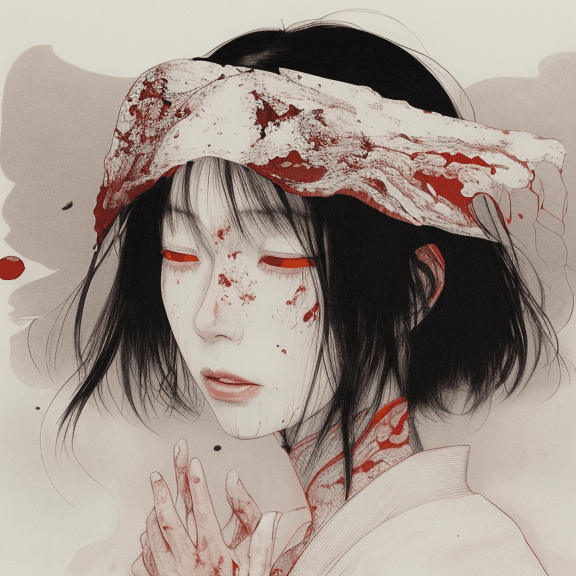 AI generated: a single Woman crying blood, artwork by Takato Yamamoto and Chika Yamada, minimalistic, face barely ...