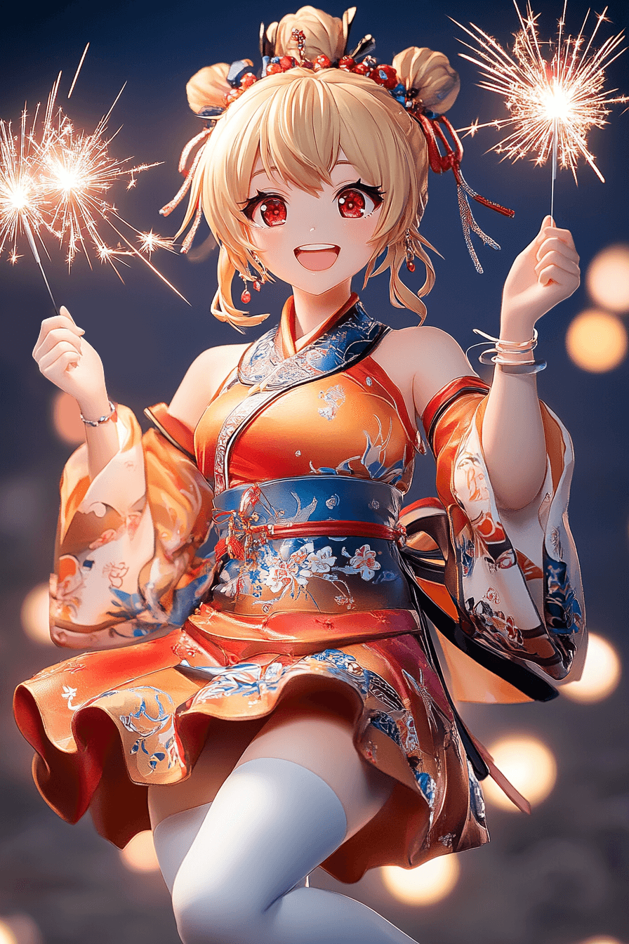 AI generated: Kneeling anime character, smiling and holding sparklers in one hand, wearing traditional Chinese att...