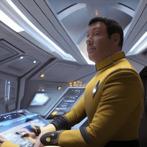 AI generated: Vulcan starfleet officer on a starship bridge