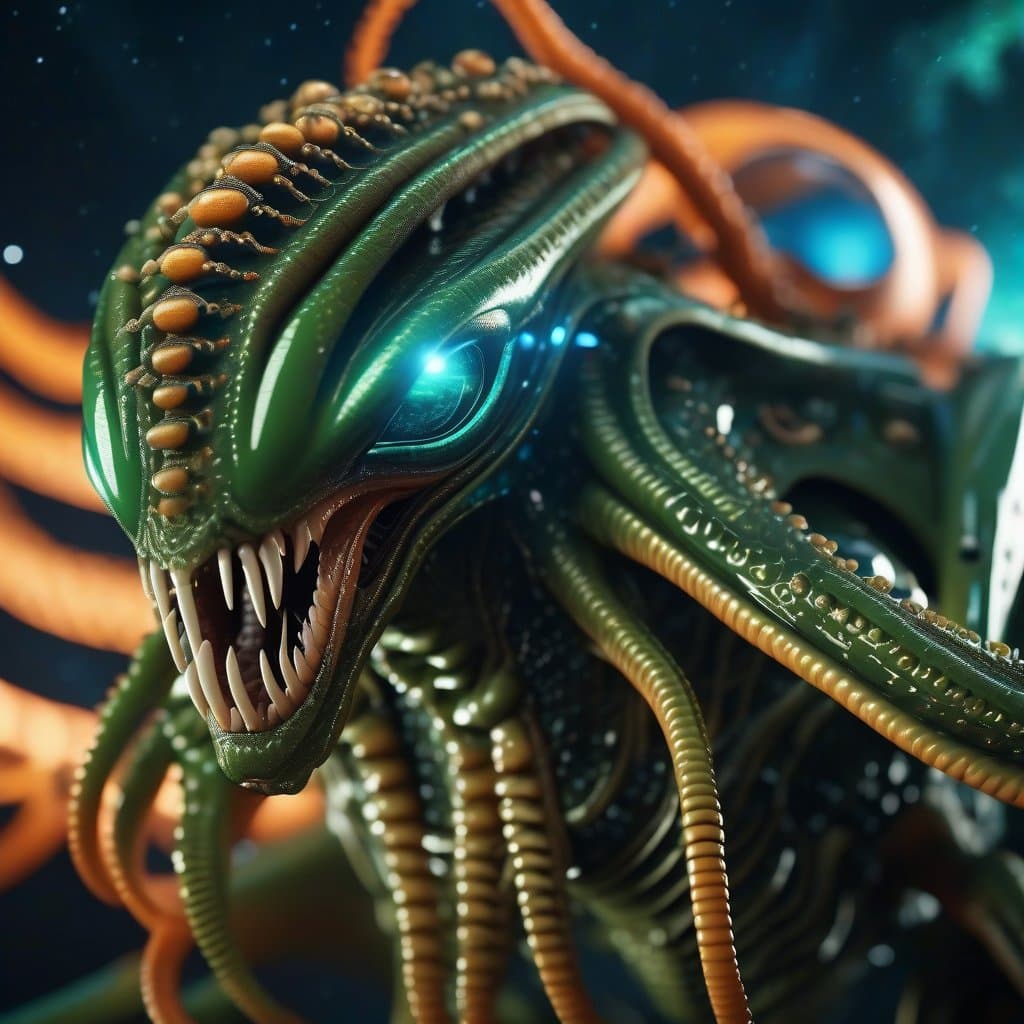 AI generated: highest quality photo of ((alien species)) space explorer (green:8), (orange:6), (blue:7), tentacles...