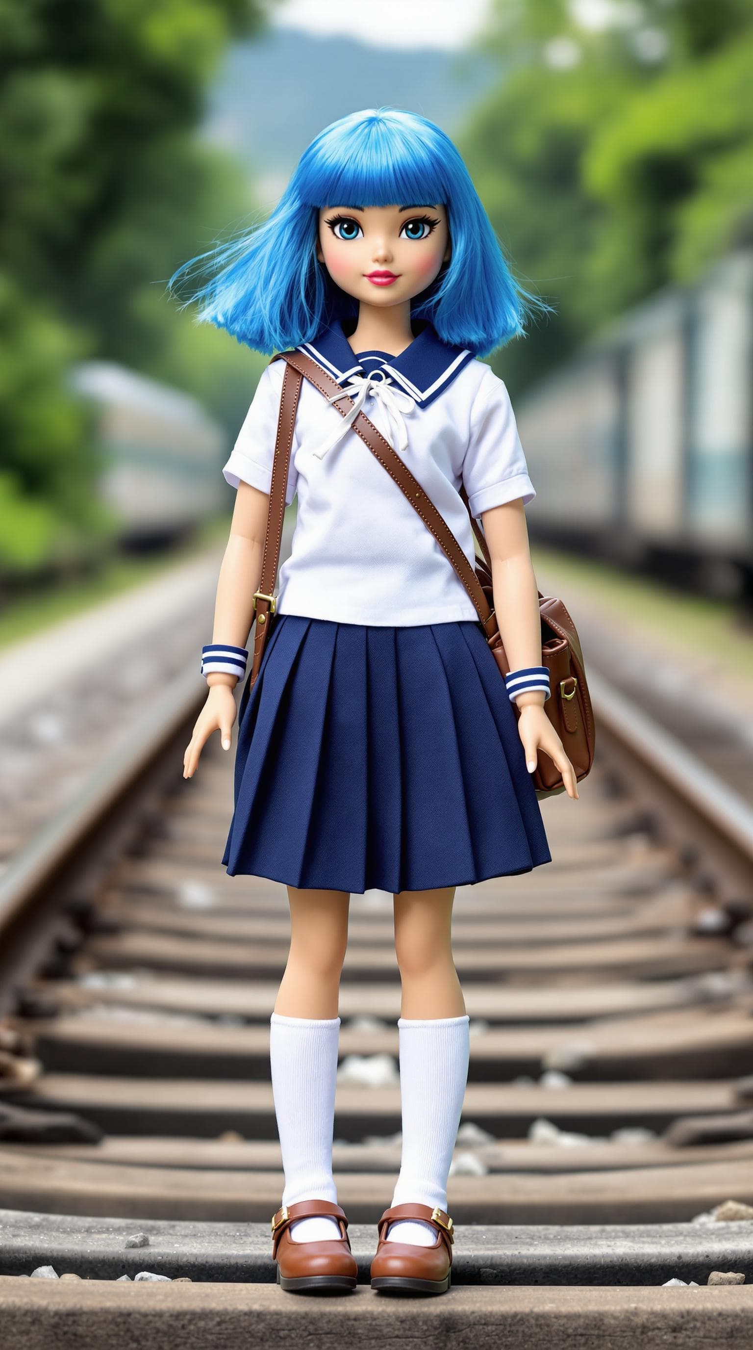 AI generated: The image features a doll dressed in a school uniform consisting of a white top with a blue collar a...