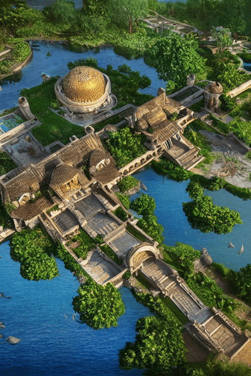 AI generated: a big Persian Villa surrounded by water and nature, village, close view, volumetric lighting, photor...