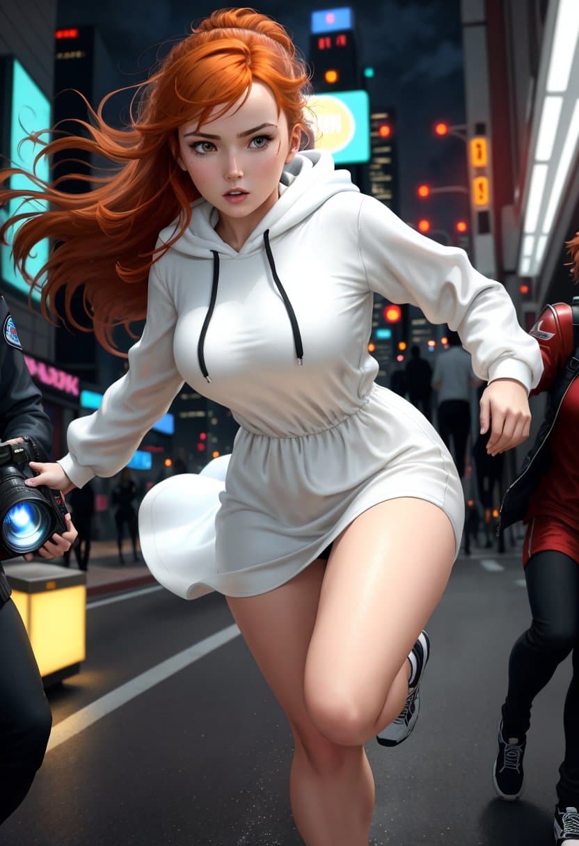 AI generated: Close up image of 2 subjects, 1girl with auburn colored hair, wearing long sleeve white dress with h...