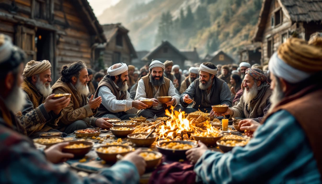 AI generated: Prompt: A tracking shot of villagers in Gilani lachak and vests passing bowls of torshi tareh near w...
