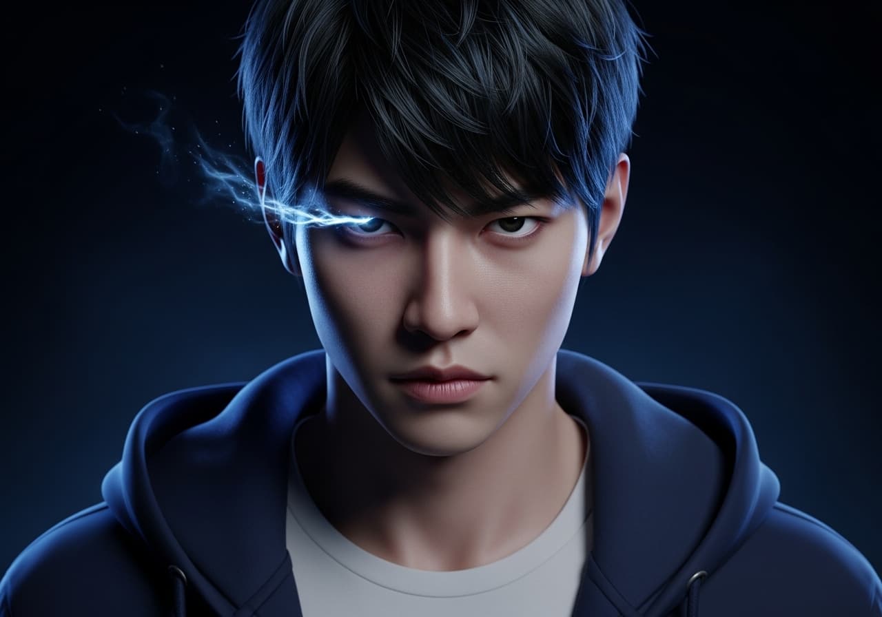 AI generated: A photo-realistic portrait of Sung Jin-Woo from Solo Leveling, looking intensely at the viewer with ...
