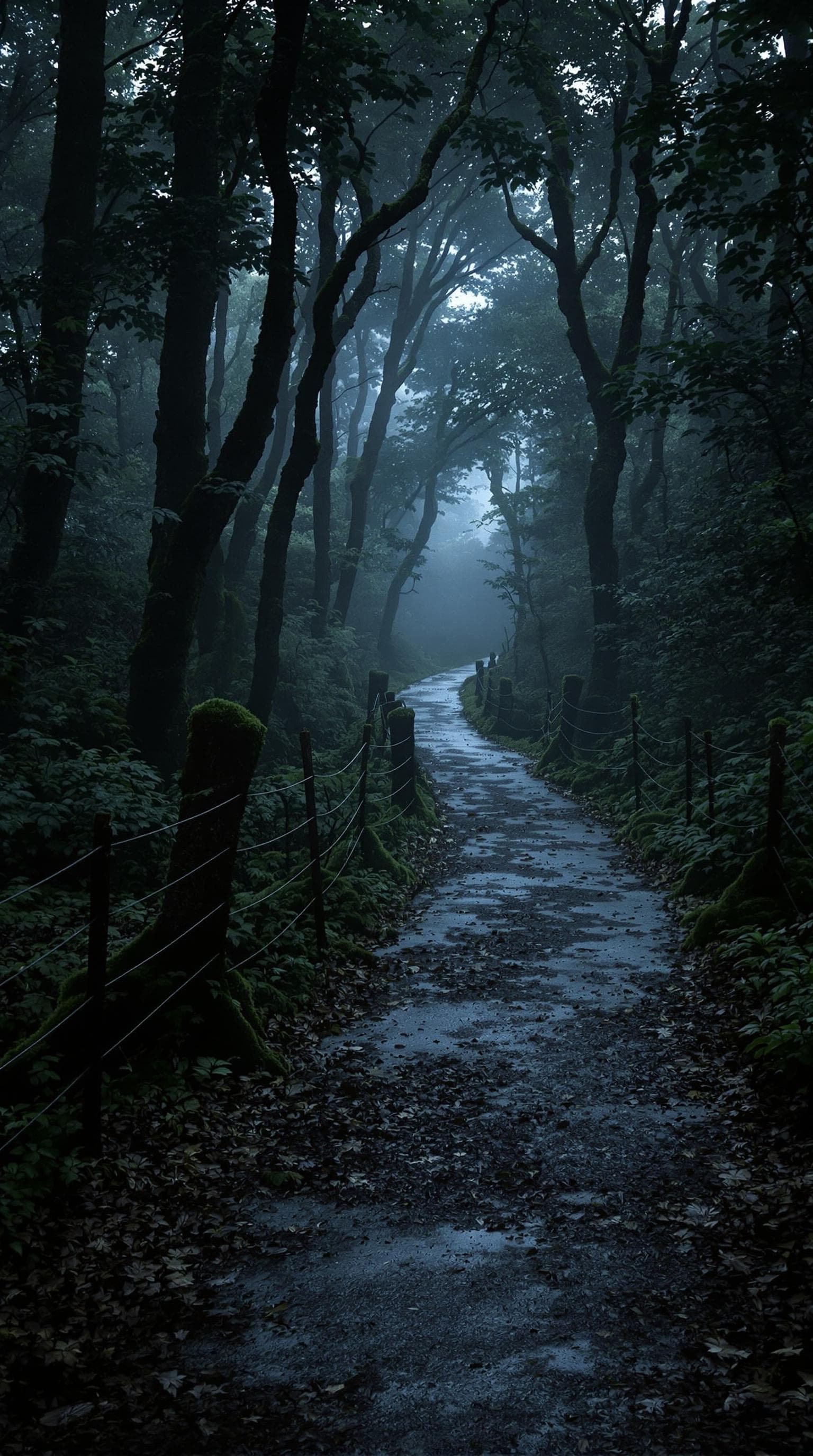 AI generated: A hyper-realistic forest path at dusk, winding through dense, mist-covered trees. The ground is over...