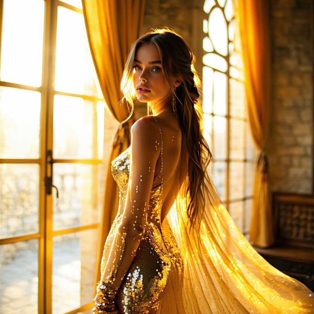 AI generated: Woman (ethnicity:1.0, age:1.9),  (detailed clothing:1.3), (accessories:1.2) wearing a gold sequin, s...