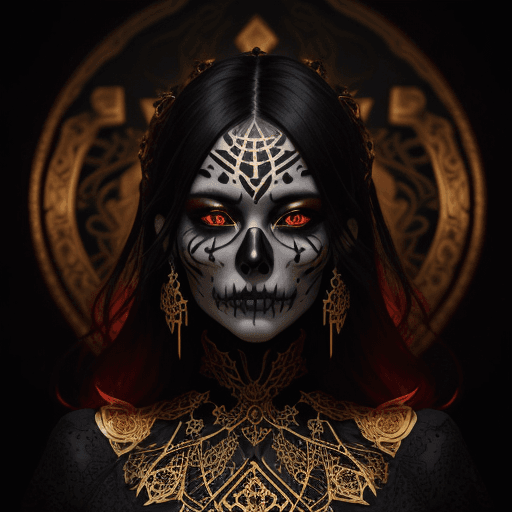 AI generated: Portrait of a beautiful woman, with the lower half of a filigree Wu Jia skull, dark black and gold m...