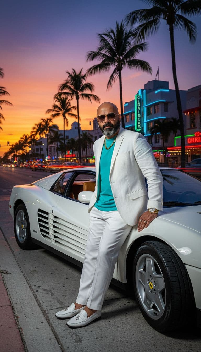 AI generated: Subject: A charismatic late-20s man. Clothing: WHITES linen blazer (sleeves rolled up), turquoise t-...