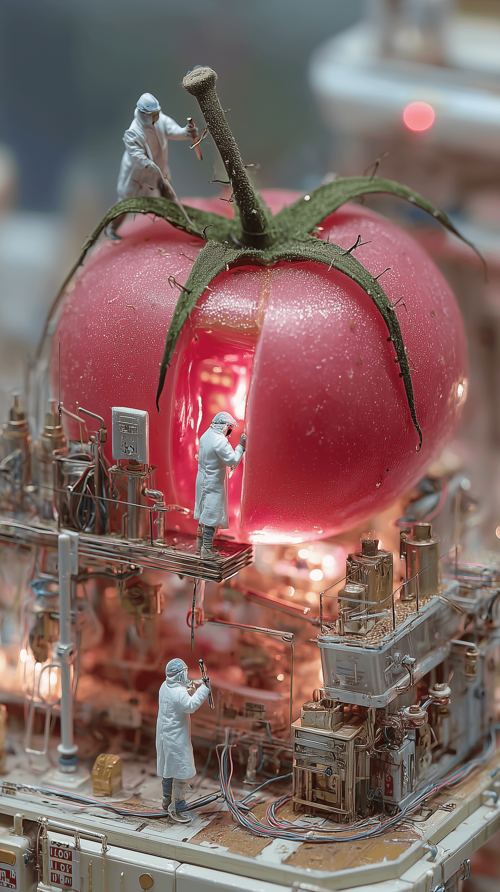 AI generated: photorealistic, miniature scientists studying, giant tomato, in a lab, depth of field, ambient light...