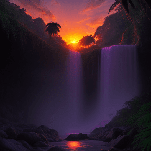 AI generated: orange and purple sunset over a waterfall in a jungle