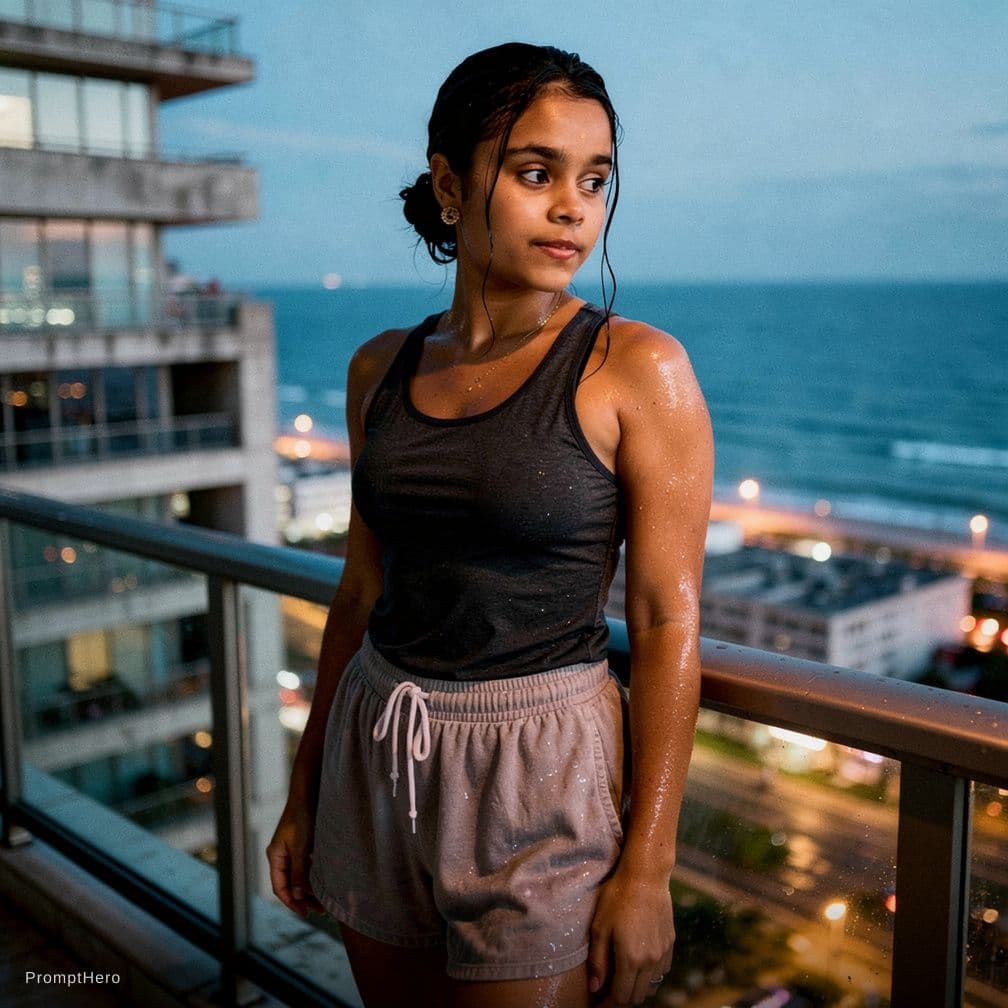 AI generated: A documentary style photograph of a young female on a high balcony just after swimming. Her long dar...