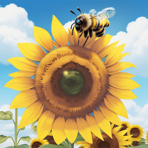 AI generated: Realistic Happy bee, sleeping, on a sunflower, sunny sky with clouds 
