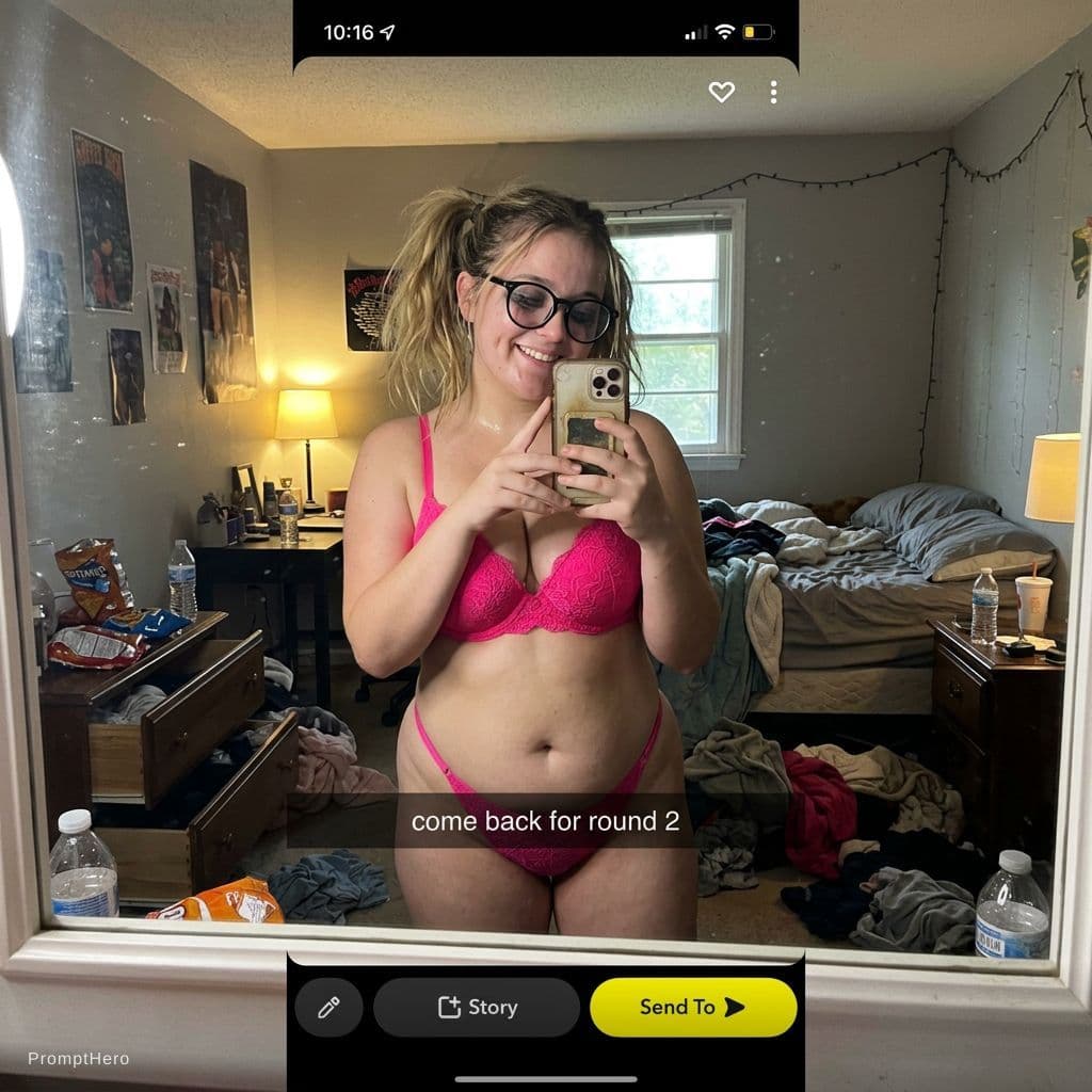 AI generated: A chubby 18 year old white woman takes a mirror selfie in a messy dimly lit bedroom.

She is wearing...
