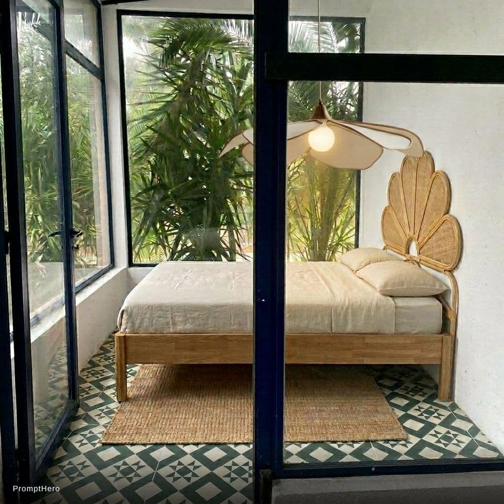 AI generated: Hang this lamp to the room, small and over the bed, partially covered by the blue strip we see