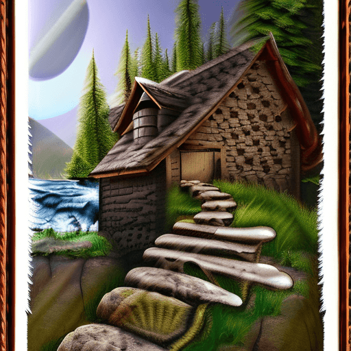 AI generated: 
A wizard’s cabin with a stone path, near a brook, little angels in the air, a large sign, made of ...
