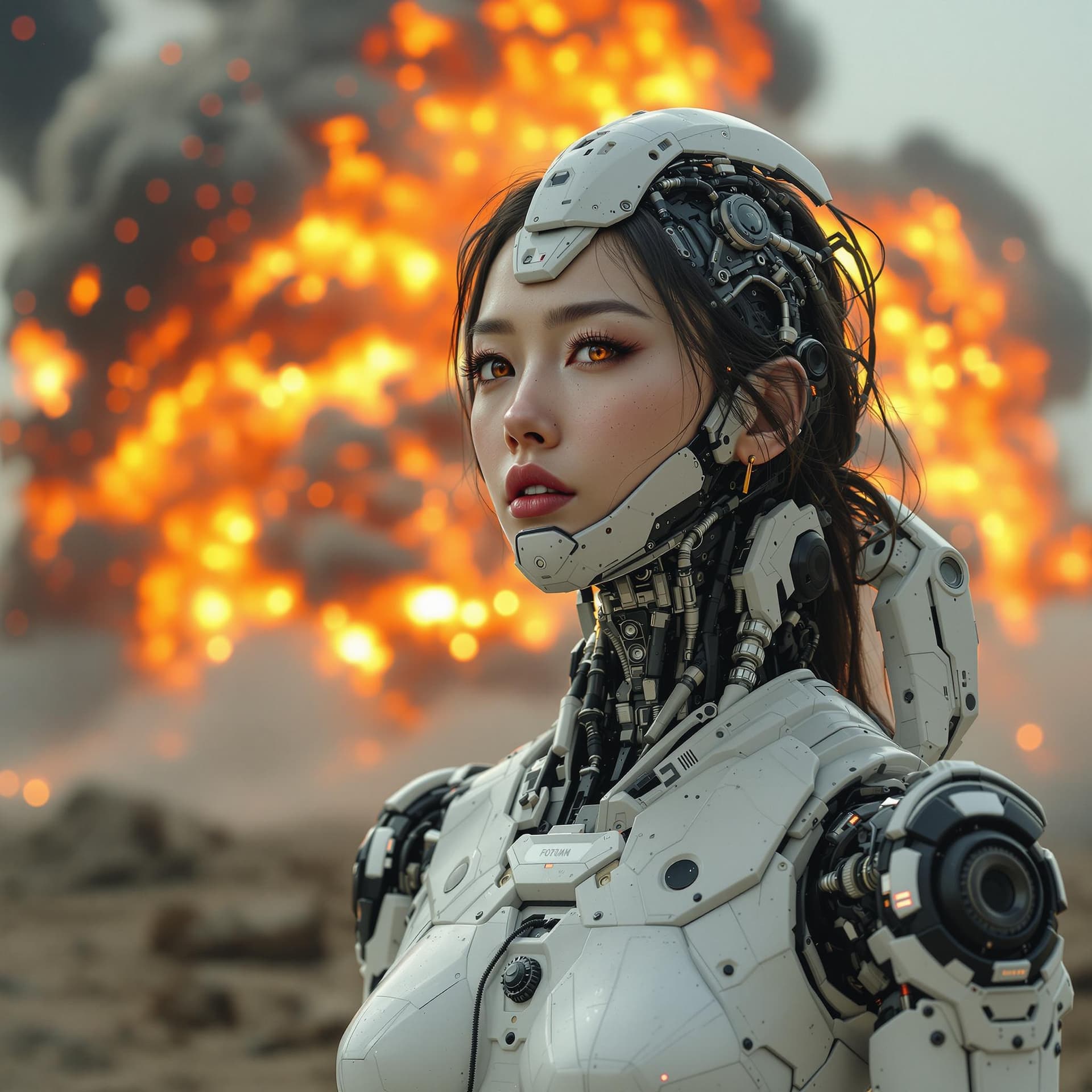 AI generated: asian woman has most of her body replaced by robotics after surving a huge explosion. 