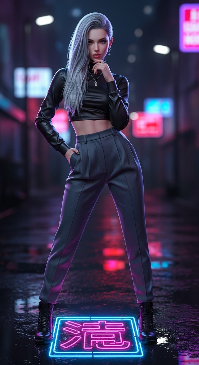 AI generated: realistic anime fusion girl, silver hair styled sleek, designer streetwear, black satin crop top, ta...