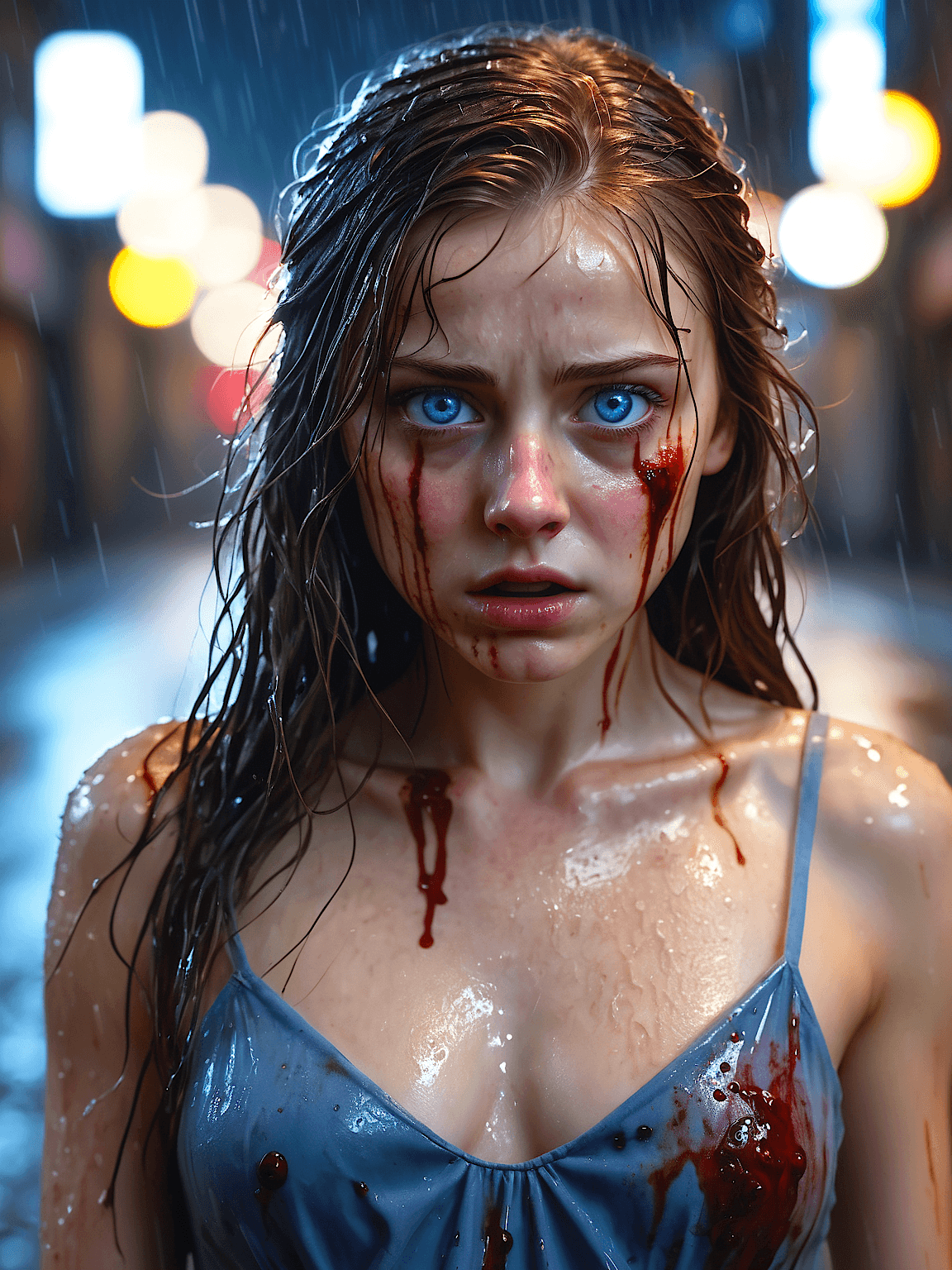 AI generated: masterpiece,  best quality,  a beautiful girl (blue eyes),  blood running down her face,  warm light...