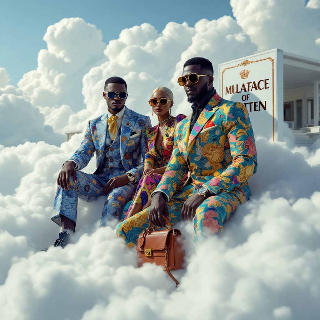 AI generated: Hyper realistic A photo of an eccentric BLACK MAN OF ACCESORIES AND DESIGNER CLOTHING on top of whit...