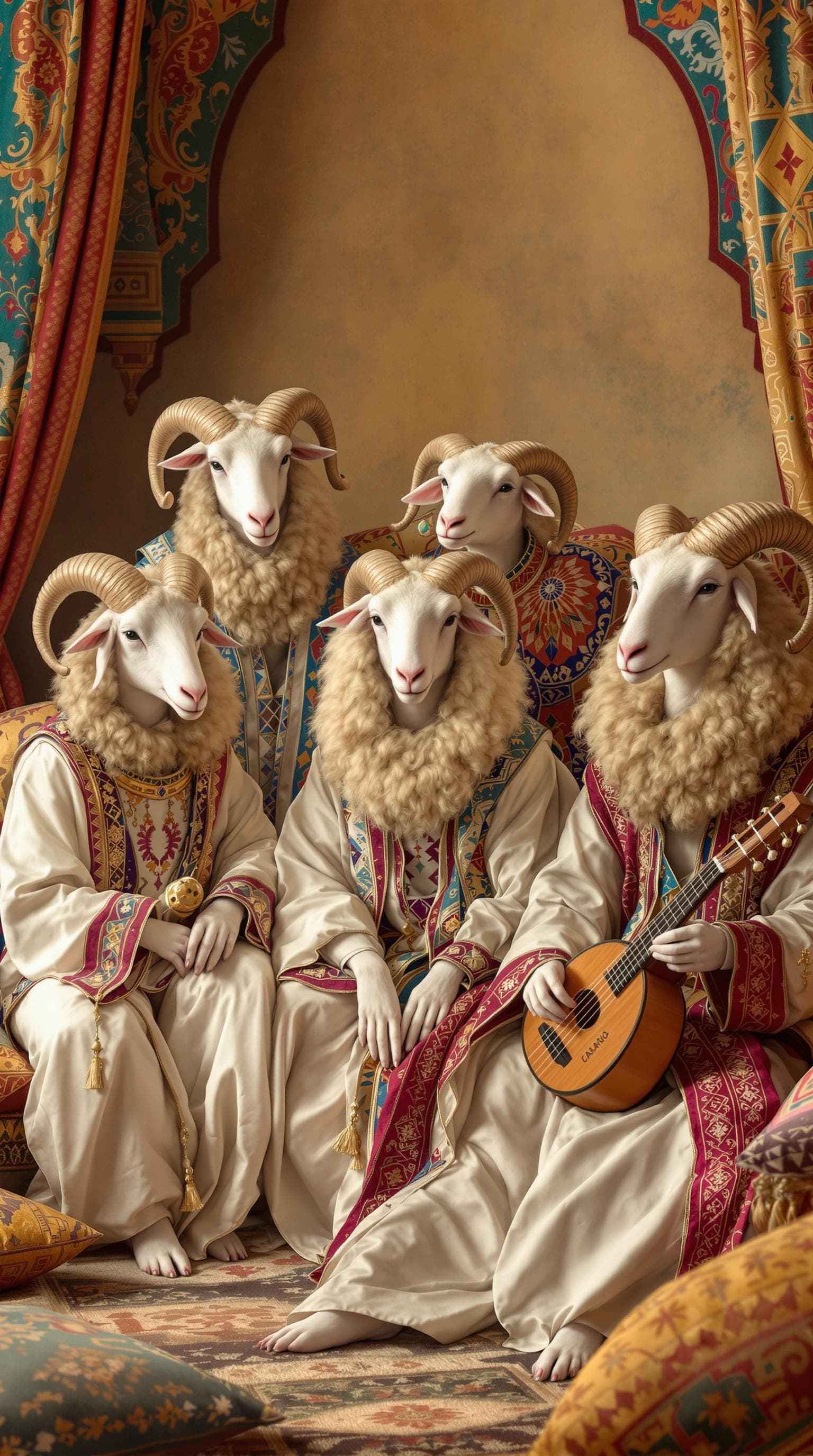 AI generated: ive anthropomorphic sheep dressed in magnificent traditional Moroccan caftans, sitting in a luxuriou...