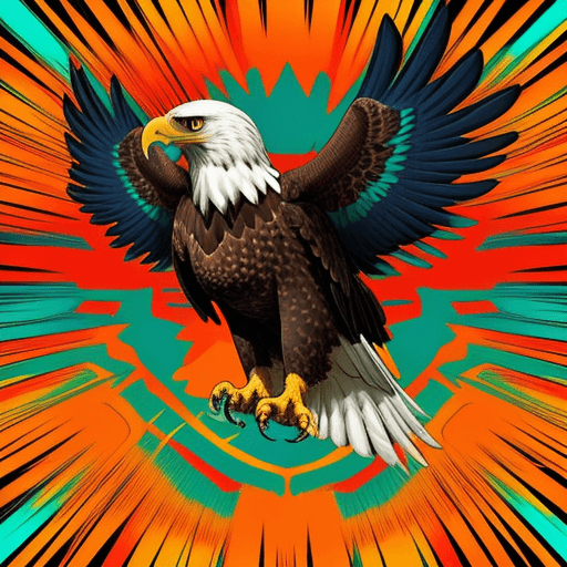 AI generated: psychedelic eagle, very sharp eye, red orange blue green yellow colors, comic illustration, 