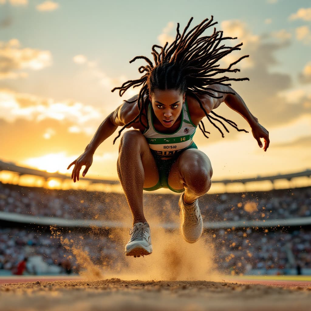 AI generated: A dynamic action shot of an afro American female athlete with long locs in mid-air during a long jum...
