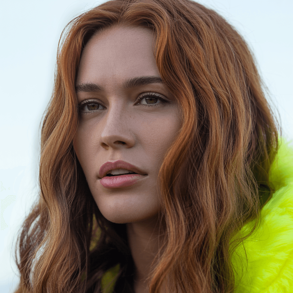 AI generated: A close-up portrait of a woman with vibrant light brown long wavy hair, captured in ultra-realistic ...