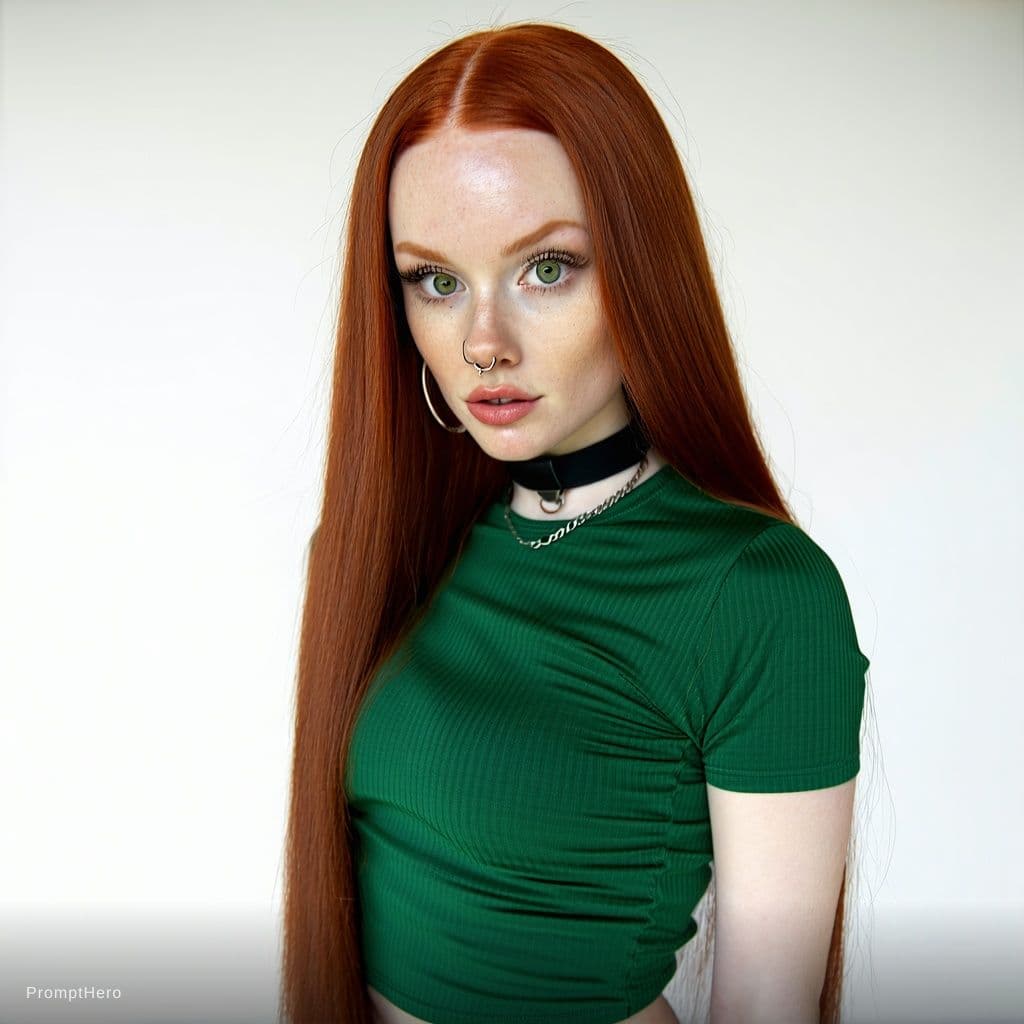 AI generated: A beautiful young woman,everyones darling.everyones favourite.with long cherry hair,white,green eyes...