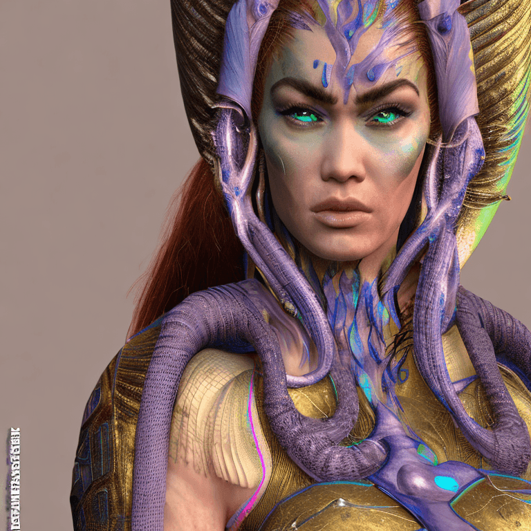 AI generated: Goddess full body close-up portrait megan fox. evolved centuries of woman, planet of the apes, orchi...