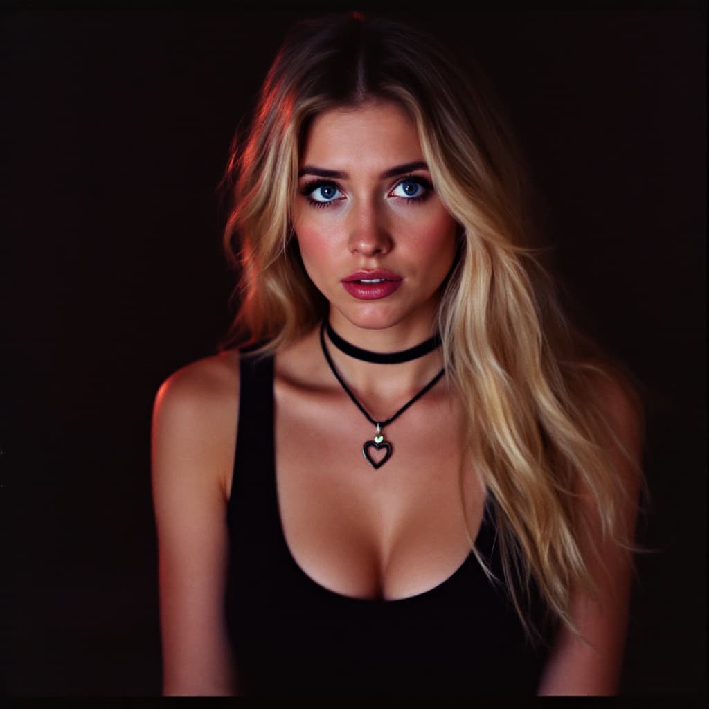 AI generated: A woman with long blonde hair and striking blue eyes, adorned with a choker necklace featuring a hea...