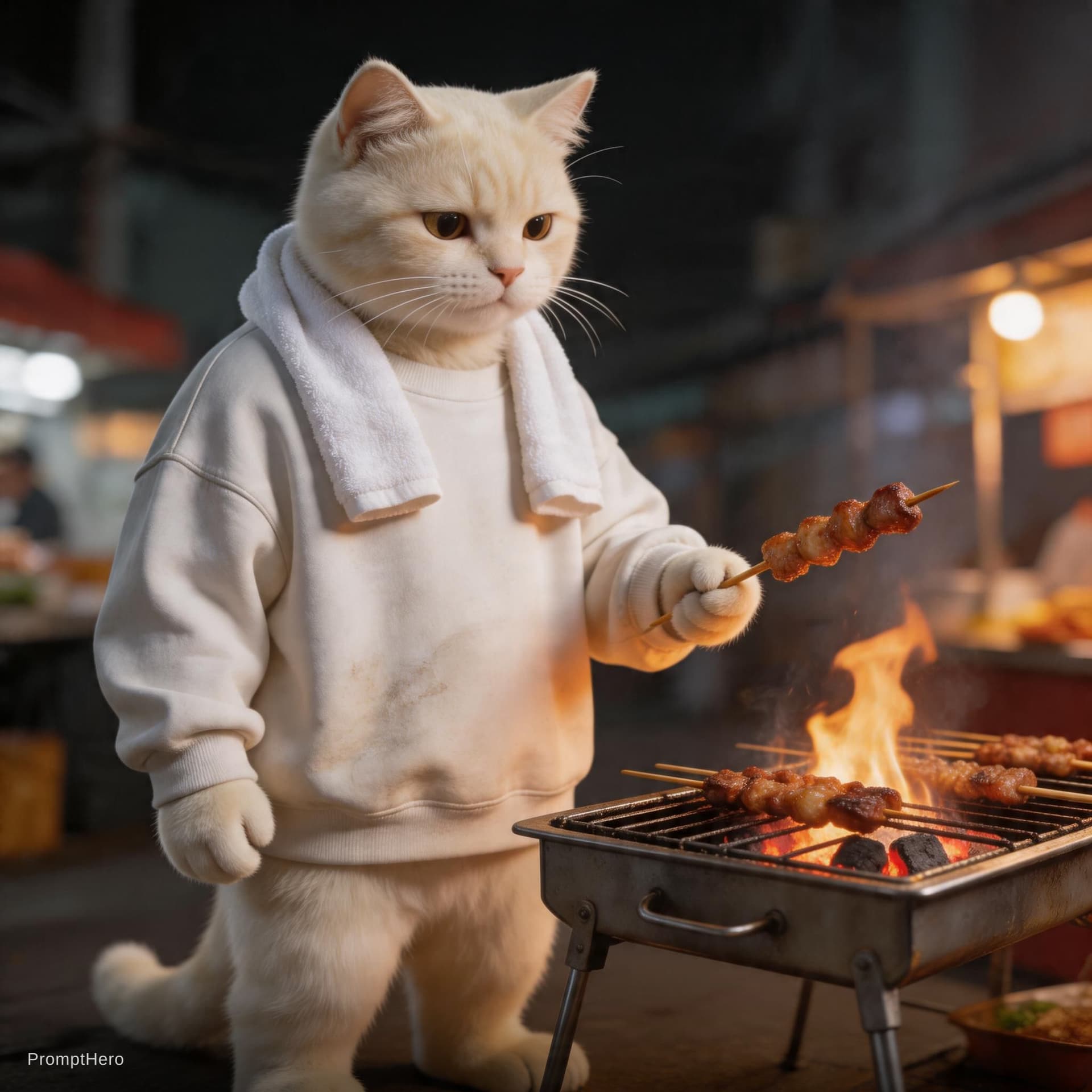 AI generated: Dramatic photo in 3D illustration, panorama, full body, anthropomorphic real cute creamy cat, wearin...
