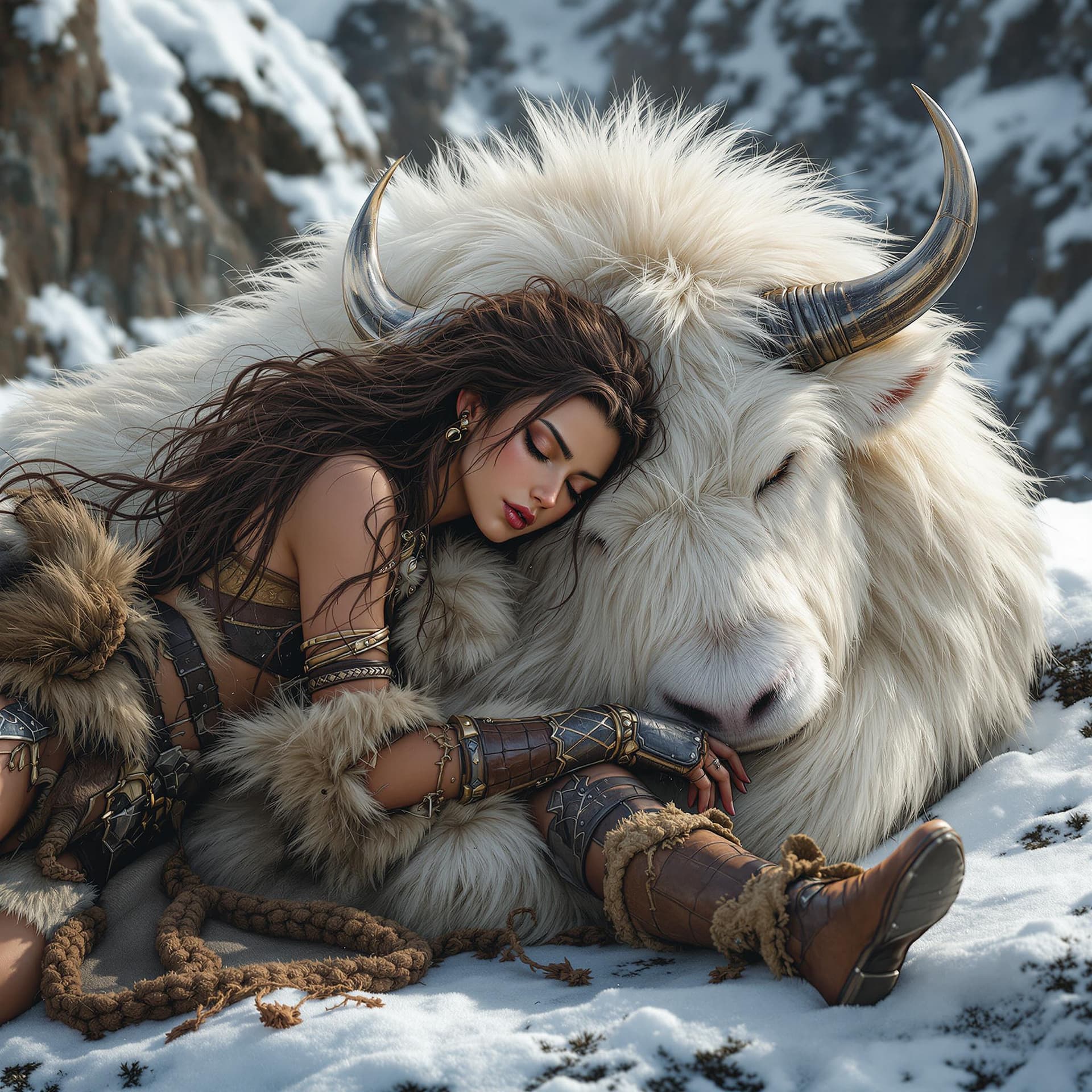 AI generated: img_1025.cdr Stunning image of a strong and beautiful barbarian warrioress with fierce brown eyes an...