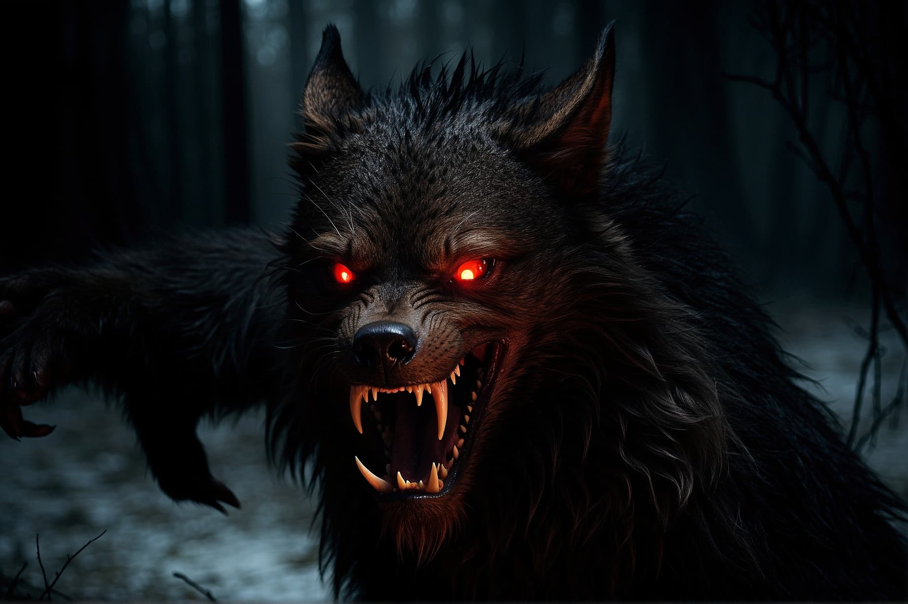 AI generated: "Create a chilling image of an evil werewolf emerging from the depths of hell. The werewolf is a gro...