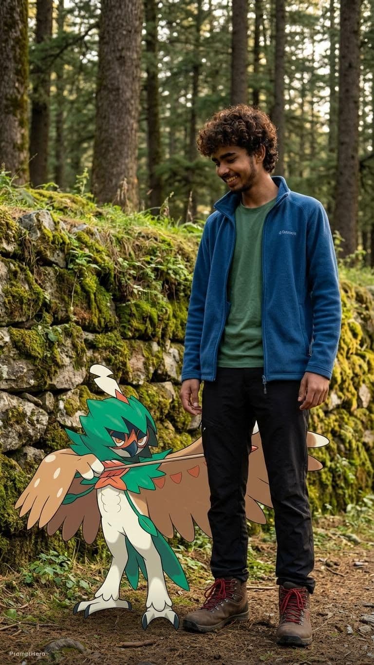 AI generated: a decidueye with a trainer wearing a blue fleece a green top black walking trousers and walking boot...