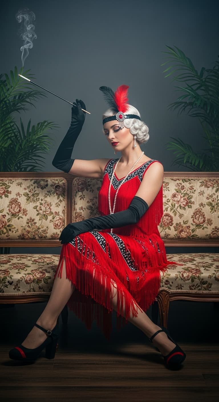 AI generated: A realistic, wide angle photograph of a 1920s, elegant, gorgeous female sitting on a french designed...