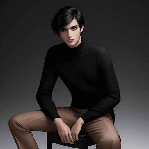 AI generated: Photography for fashion magazine, model man with black hair sitting looking at the camera, wearing a...