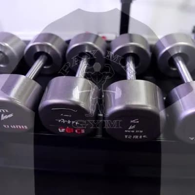 AI generated video: top to bottom photo in official fall of metal dumbbells with different weights, bottom photo
