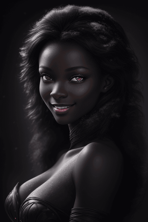 AI generated: dark background, dramatic light, backlight, rim lighting, wonderful woman black 20yo, hair snow whit...