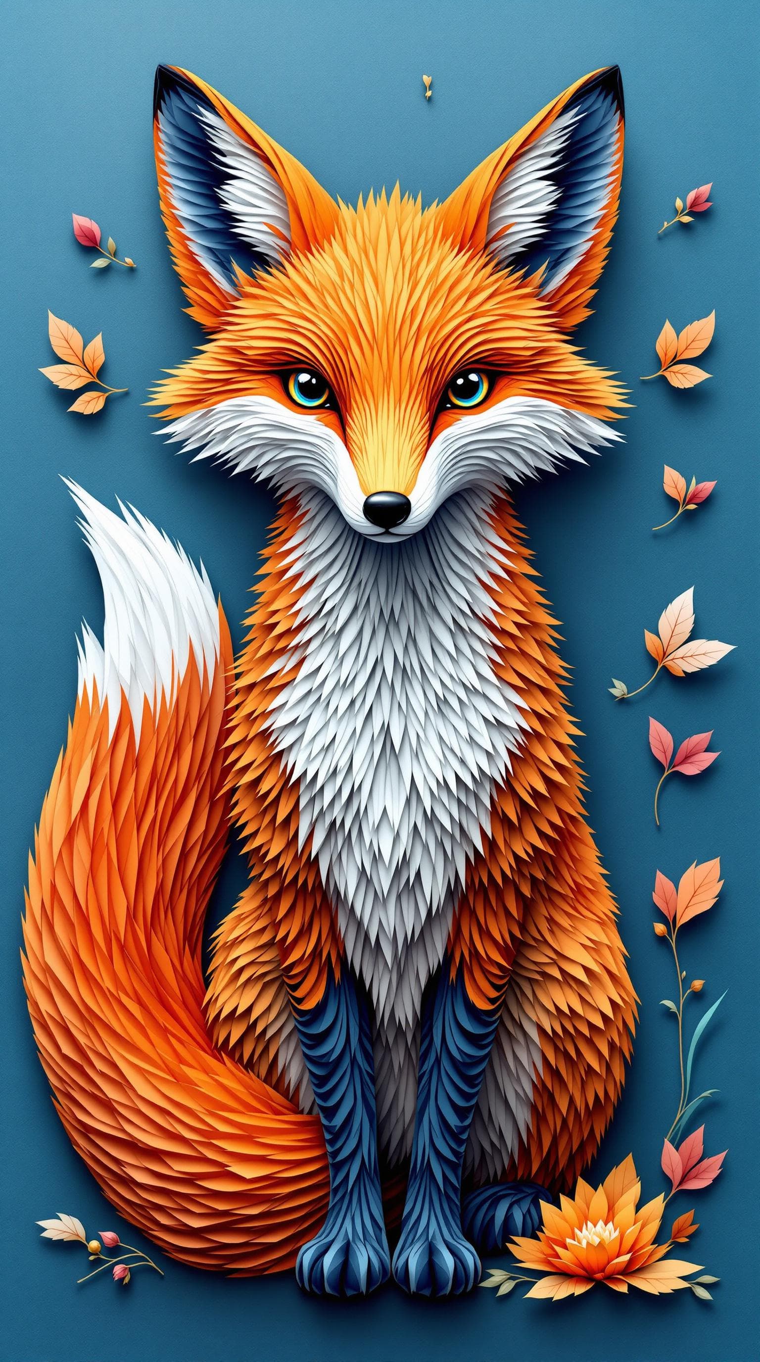 AI generated: 3d rendering, front view, beautiful fox, paper work for a tactile style, select a colour palette wit...