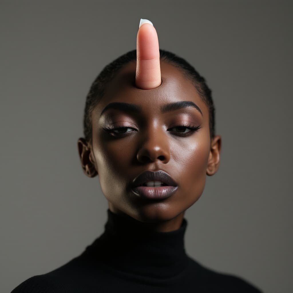 AI generated: A photo model with a finger growing out of her forehead.