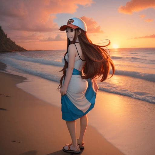 AI generated: Hilda (Pokémon), long hair, brown hair, beach clothing, beauty, beach, sunset, 4k, 