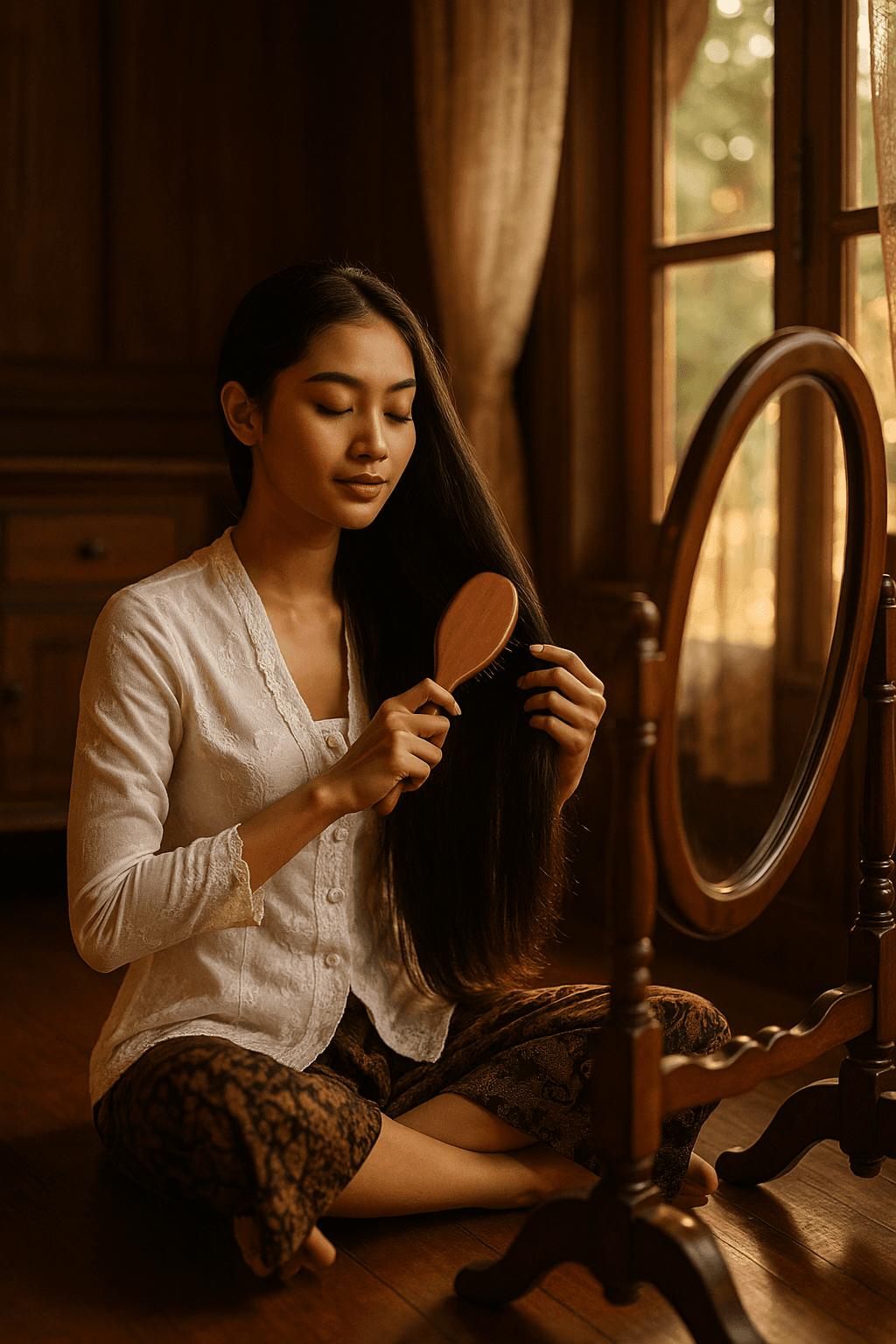 AI generated: a young beautiful Javanese woman in a white kebaya, sitting cross-legged on a wooden floor, brushing...